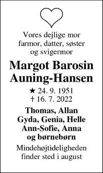 Dødsannoncen for Margot Barosin
Auning-Hansen - København 