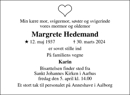Dødsannoncen for Margrete Hedemand - Viborg