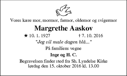 Dødsannoncen for Margrethe Aaskov - Roskilde