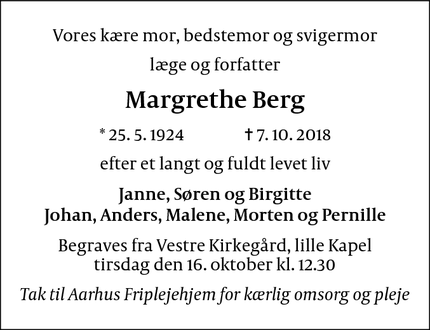 Dødsannoncen for Margrethe Berg - Aarhus