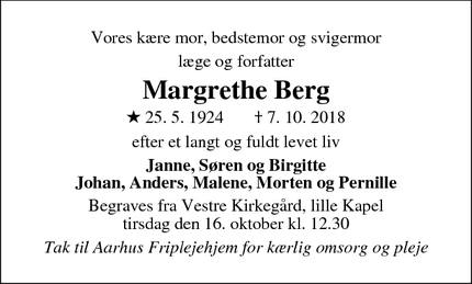 Dødsannoncen for Margrethe Berg - Aarhus