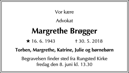 Dødsannoncen for Margrethe Brøgger - Rungsted Kyst