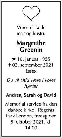 Dødsannoncen for Margrethe Greenin - Ingastone