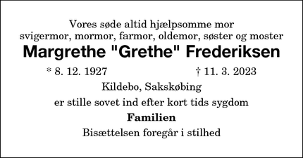 Dødsannoncen for Margrethe "Grethe" Frederiksen - Fejø