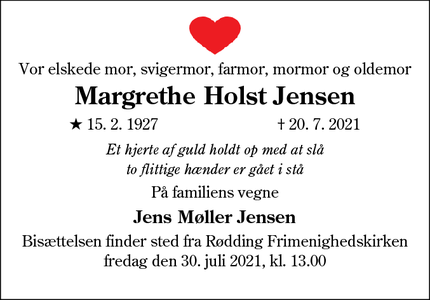 Dødsannoncen for Margrethe Holst Jensen - 6630 Rødding