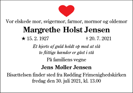 Dødsannoncen for Margrethe Holst Jensen - 6630 Rødding