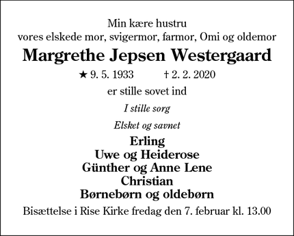 Dødsannoncen for Margrethe Jepsen Westergaard - 6230