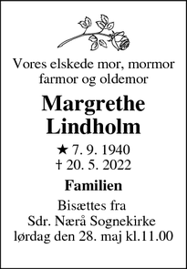 Dødsannoncen for Margrethe Lindholm - Årslev