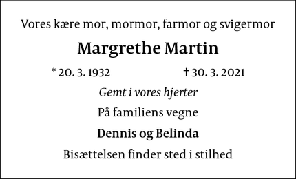 Dødsannoncen for Margrethe Martin - Greve
