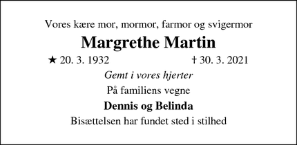 Dødsannoncen for Margrethe Martin - Greve