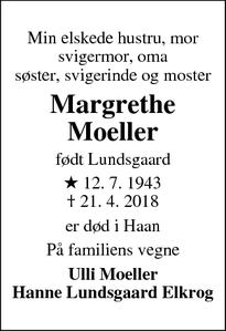Dødsannoncen for Margrethe Moeller - Haan