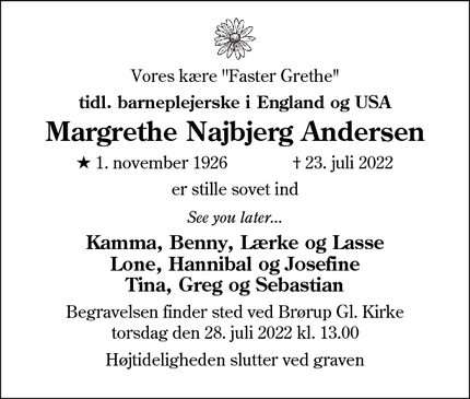Dødsannoncen for Margrethe Najbjerg Andersen - Brørup