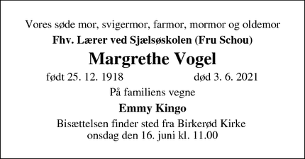 Dødsannoncen for Margrethe Vogel - Birkerød