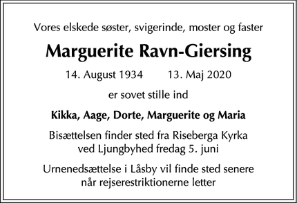 Dødsannoncen for Marguerite Ravn-Giersing - Ljungbyhed