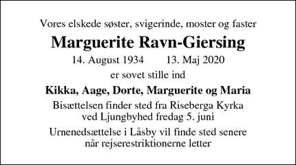 Dødsannoncen for Marguerite Ravn-Giersing - Ljungbyhed