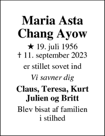 Dødsannoncen for Maria Asta Chang Ayow - Christian Havn, Amager Kbhvn.