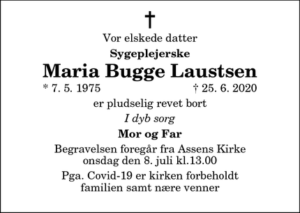 Dødsannoncen for Maria Bugge Laustsen - Assens 9550 Mariager