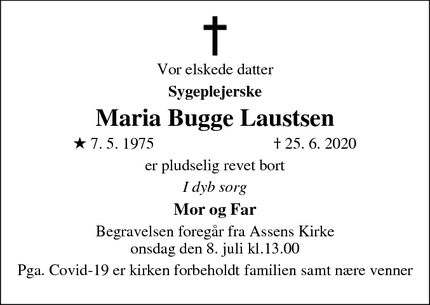 Dødsannoncen for Maria Bugge Laustsen - Assens 9550 Mariager