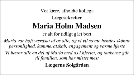 Dødsannoncen for Maria Holm Madsen - Bogense