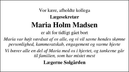 Dødsannoncen for Maria Holm Madsen - Bogense