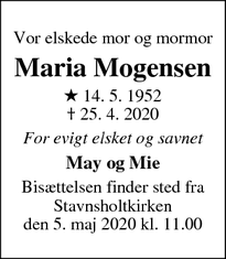 Dødsannoncen for Maria Mogensen - Frederikssund