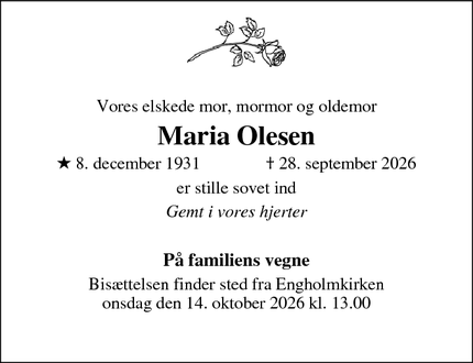 Dødsannoncen for Maria Olesen - Allerød