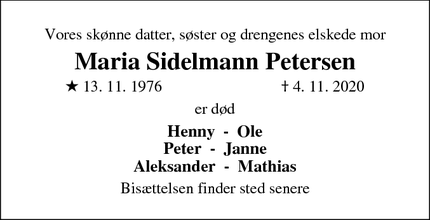 Dødsannoncen for Maria Sidelmann Petersen - Holstebro