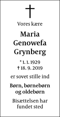 Dødsannoncen for Maria
Genowefa
Grynberg - Korsør