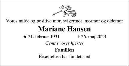 Dødsannoncen for Mariane Hansen - Rødovre