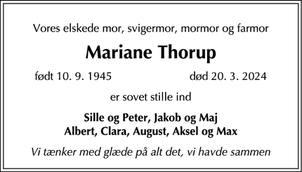 Dødsannoncen for Mariane Thorup - Kokkedal