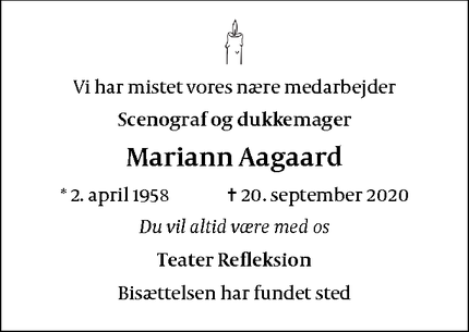 Dødsannoncen for Mariann Aagaard - Risskov