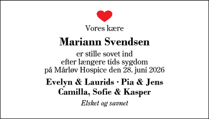 Dødsannoncen for Mariann Svendsen - Brande