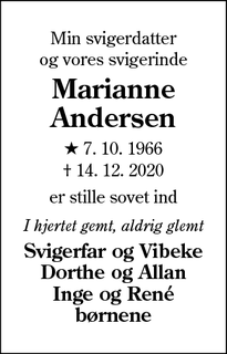 Dødsannoncen for Marianne Andersen - Bramming
