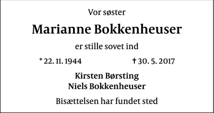 Dødsannoncen for Marianne Bokkenheuser - Birkerød