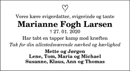 Dødsannoncen for Marianne Fogh Larsen - Klarup