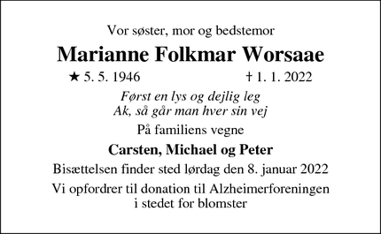 Dødsannoncen for Marianne Folkmar Worsaae - Trørød