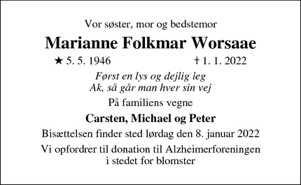Dødsannoncen for Marianne Folkmar Worsaae - Trørød