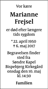 Dødsannoncen for Marianne Frejsel - Vanløse