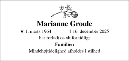 Dødsannoncen for Marianne Groule - Gladsaxe