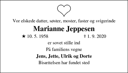 Dødsannoncen for Marianne Jeppesen - Odense