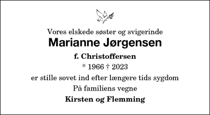 Dødsannoncen for Marianne Jørgensen - Herlev