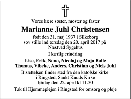Dødsannoncen for Marianne Juhl Christensen - Ringsted