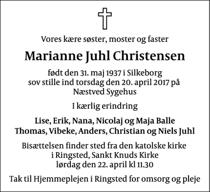 Dødsannoncen for Marianne Juhl Christensen - Ringsted