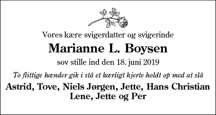 Dødsannoncen for Marianne L. Boysen - Hellevad
