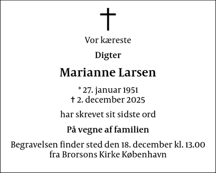Dødsannoncen for Marianne Larsen - København