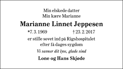 Dødsannoncen for Marianne Linnet Jeppesen - Veerst