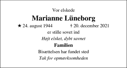 Dødsannoncen for Marianne Lüneborg - Lynderup