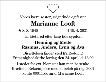 Dødsannoncen for Marianne Looft - 6630 Rødding