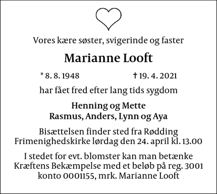 Dødsannoncen for Marianne Looft - 6630 Rødding