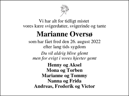 Dødsannoncen for Marianne Oversø - Ikast